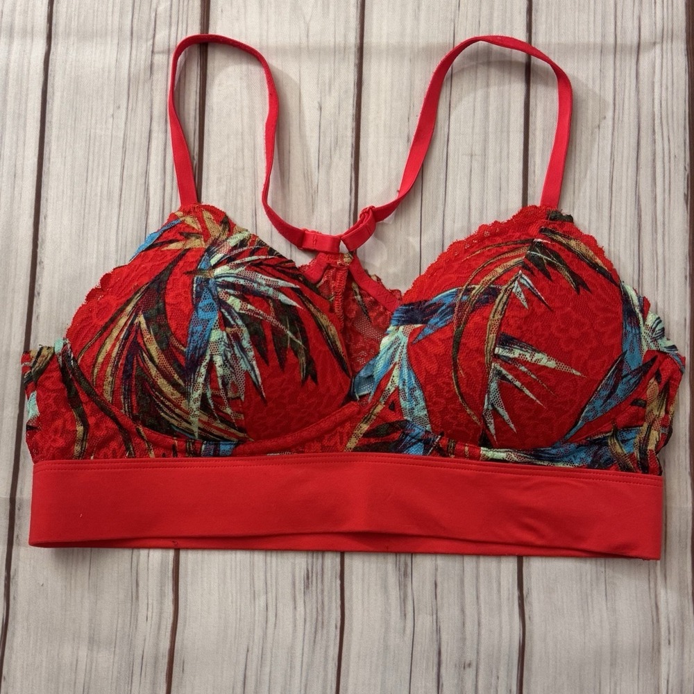 PINK Victoria's Secret Red Tropical Floral Lace Bralette Size Medium Sexy Womens